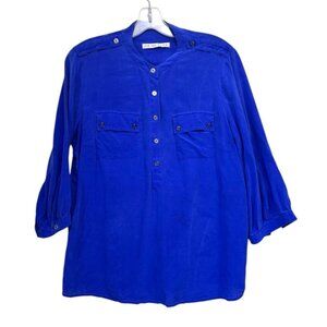 Trina Turk Silk Royal Blue Blouse Button Down Pockets 3/4 Sleeves Lightweight S